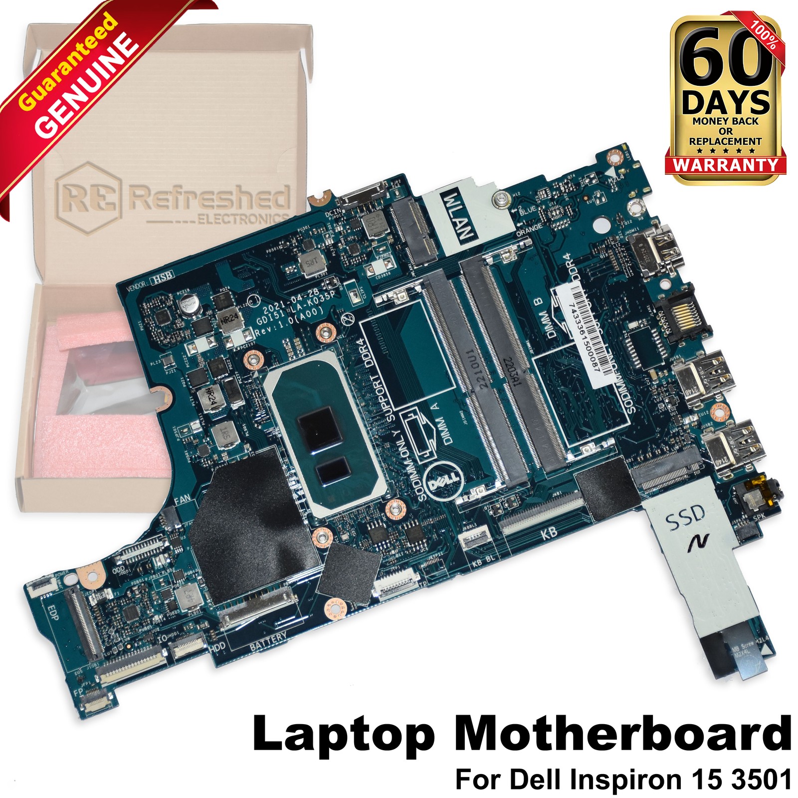 Dell Inspiron 15 3501 Motherboard i5-1035G1 Quad-Core 1.0GHz LA-K035P 2VK51
