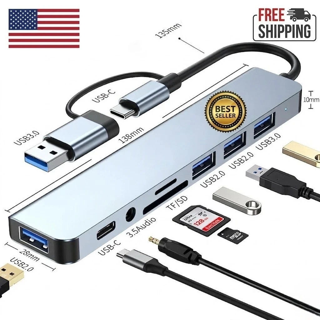 8-in-2 USB Type-C Hub Docking Station Audio Jack Micro SD Reader Adapter