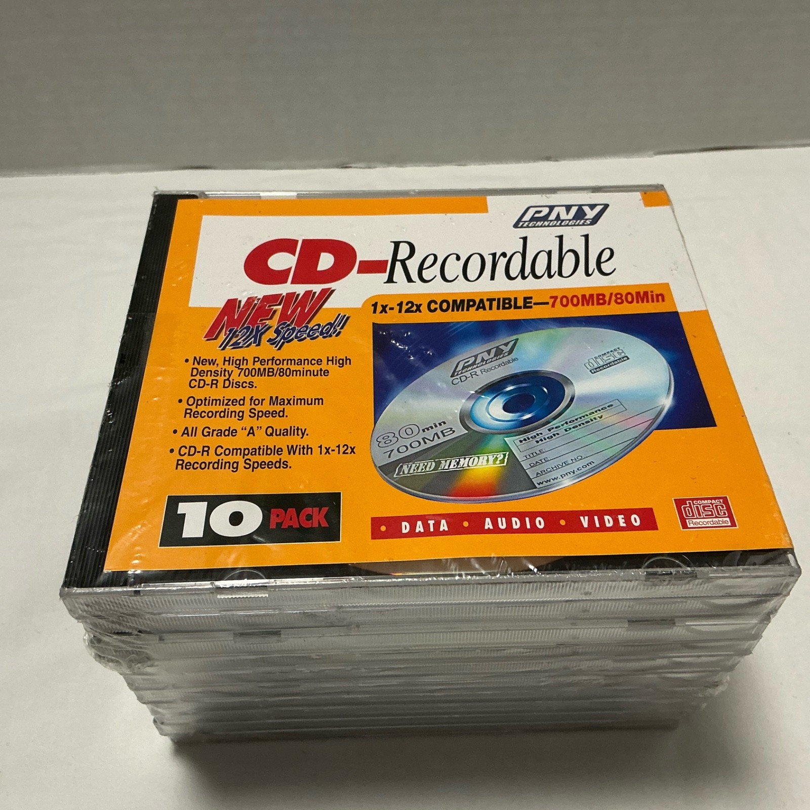 Vintage PNY 10 Pack CD-R Recordable Discs 80 Minutes 12X speed NEW SEALED