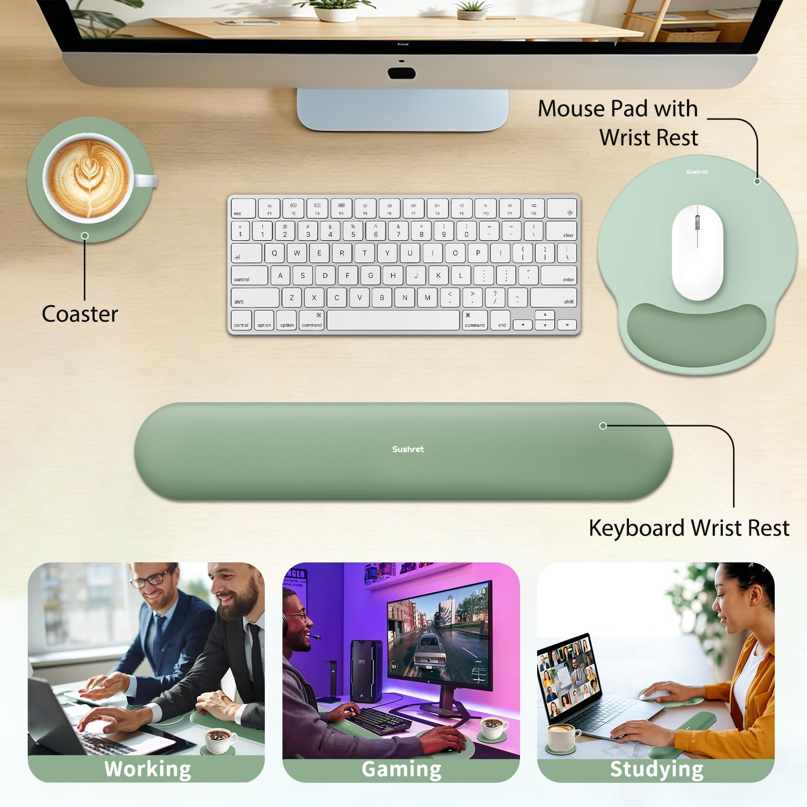 Sushret Mouse Pad and Keyboard Wrist Rest, 3-in-1 17.32 x 3.15 inches, Green