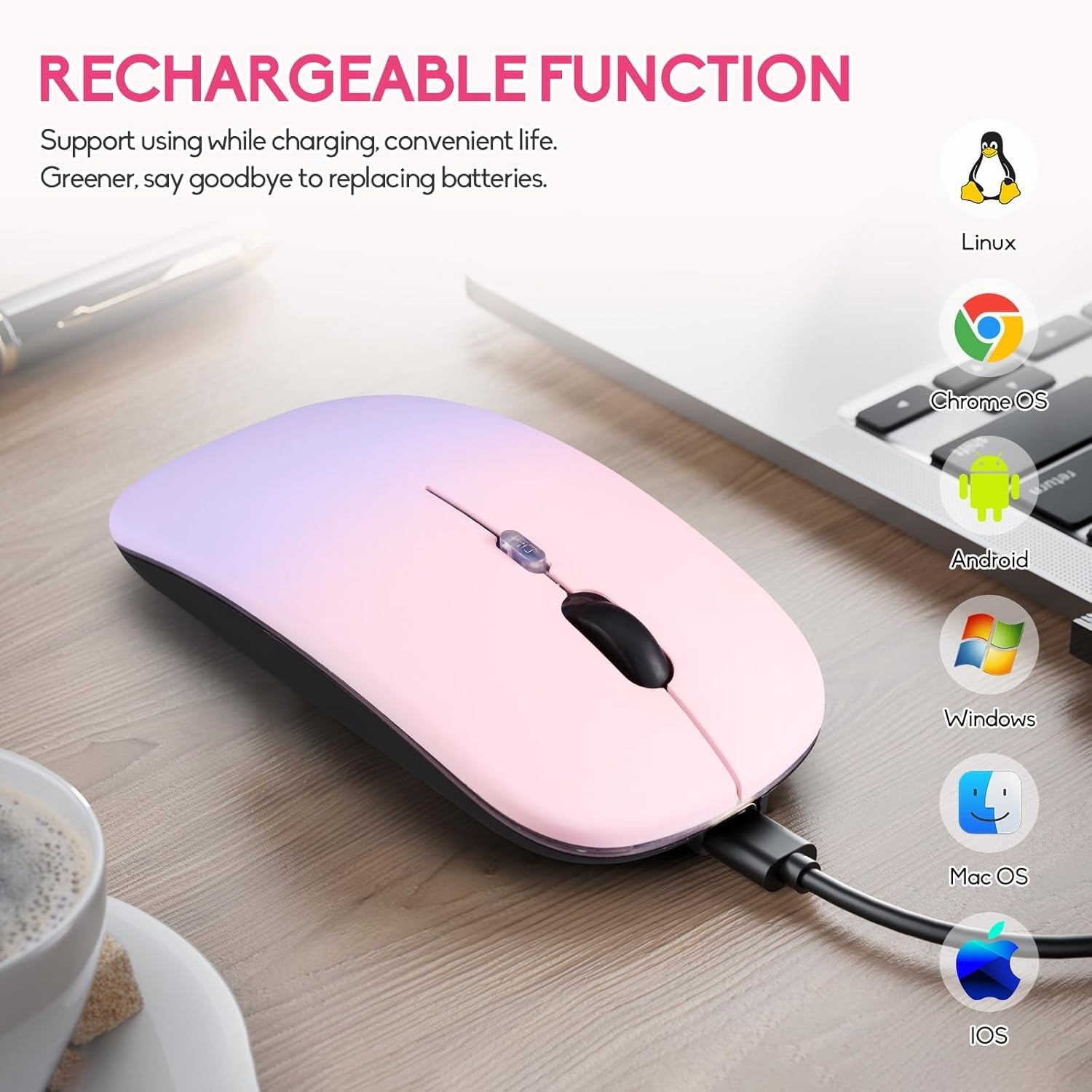 Wireless Bluetooth Mouse,LED Dual Mode Rechargeable Silent Slim Laptop Mouse,…