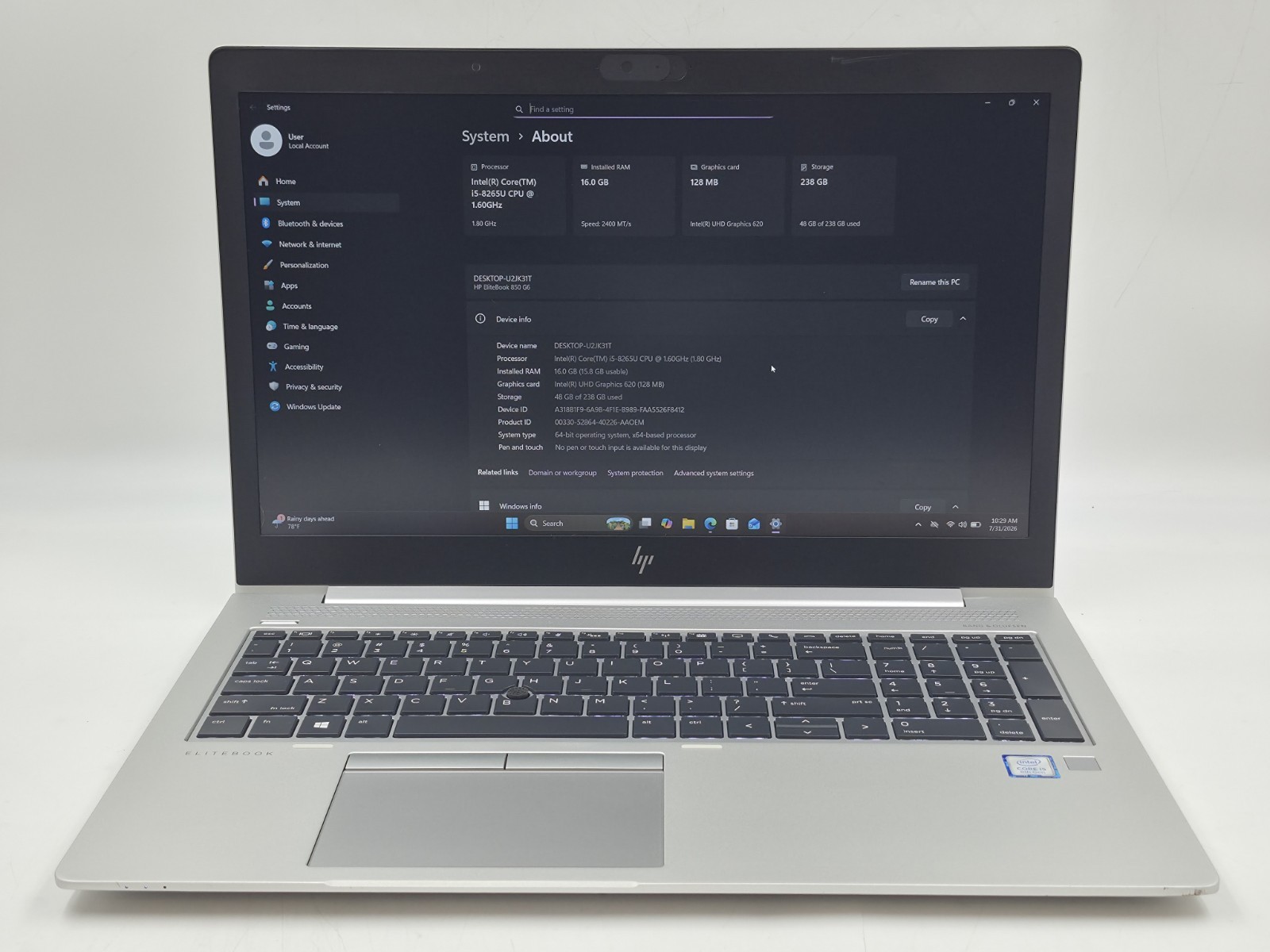 HP ELITEBOOK 850 G6 LAPTOP I5 8265U 1.60GHz 16GB RAM 256GB NVMe W11P