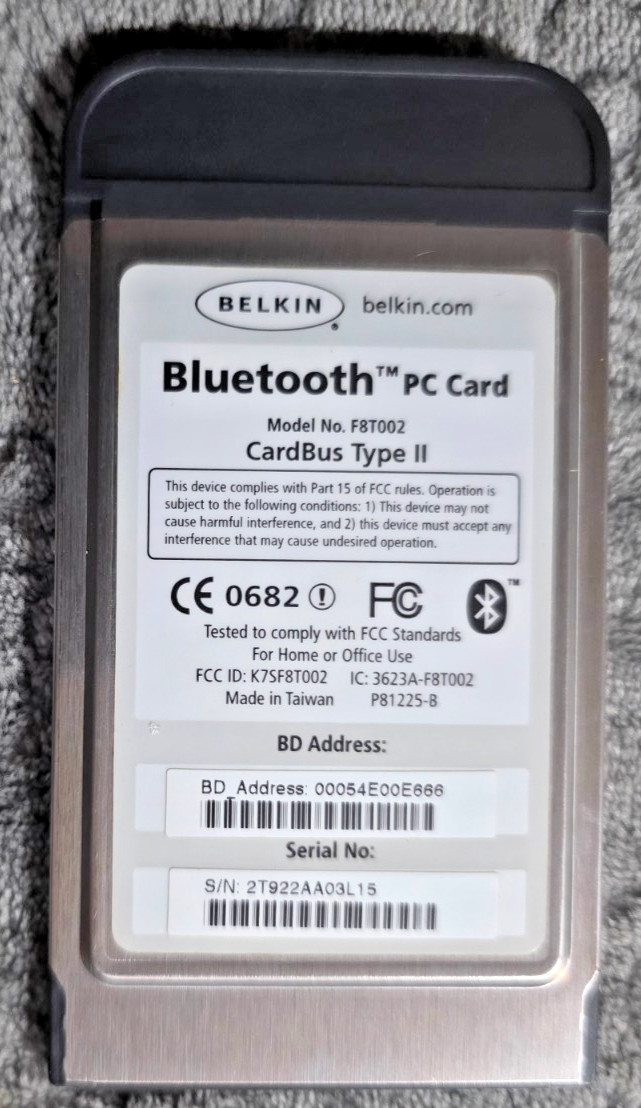 Belkin F8T002 Bluetooth PC Card CardBus Type II Laptop Adapter PCMCIA ~ Untested