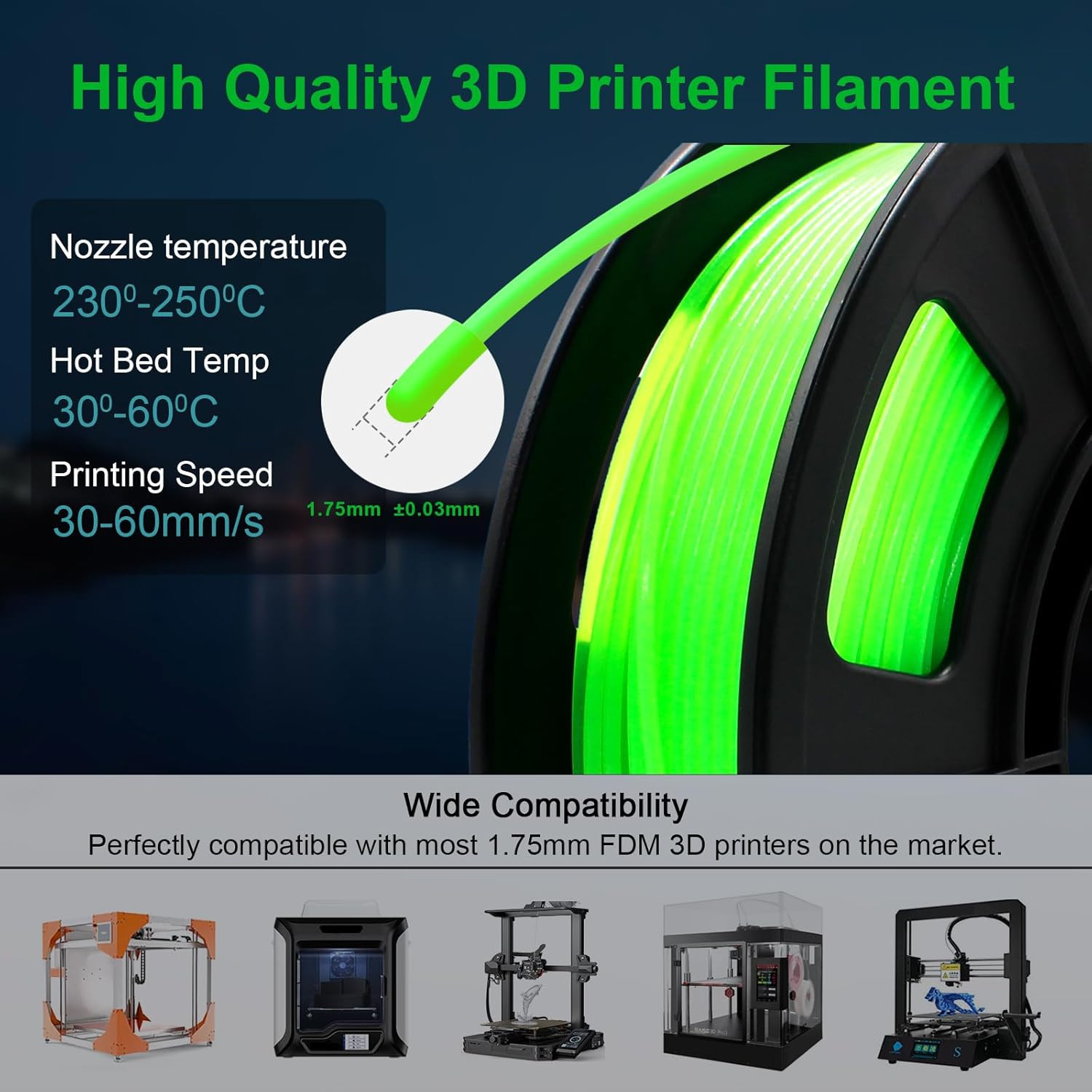 95A TPU 3D Printer Filament, 1.75Mm Glow in the Dark Green, Soft TPU Flexible 3D