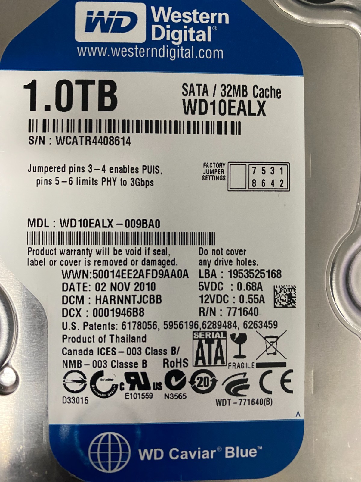 Western Digital Caviar Blue 1000GB Internal 7200RPM 3.5″ (WD10EALX) HDD