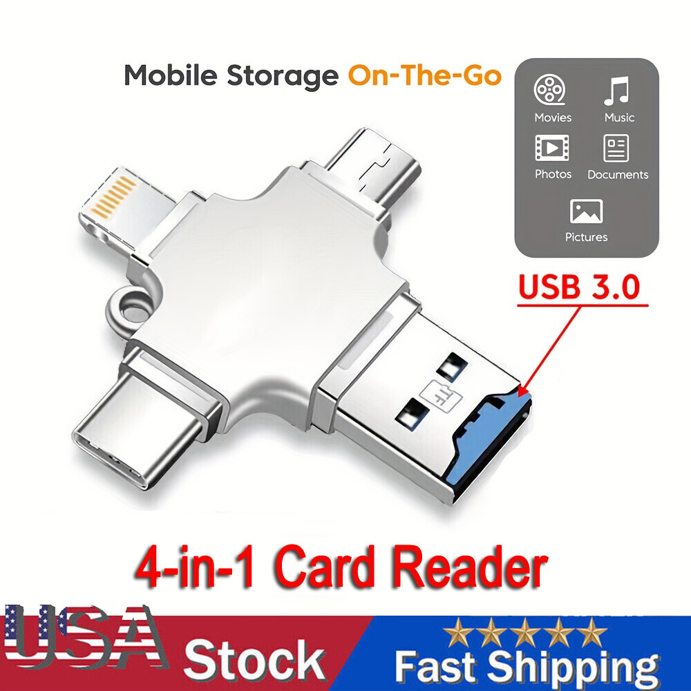 4 In 1 iOS Micro USB Type-C Micro SD TF Card Reader OTG for Android/iPhone 17/PC