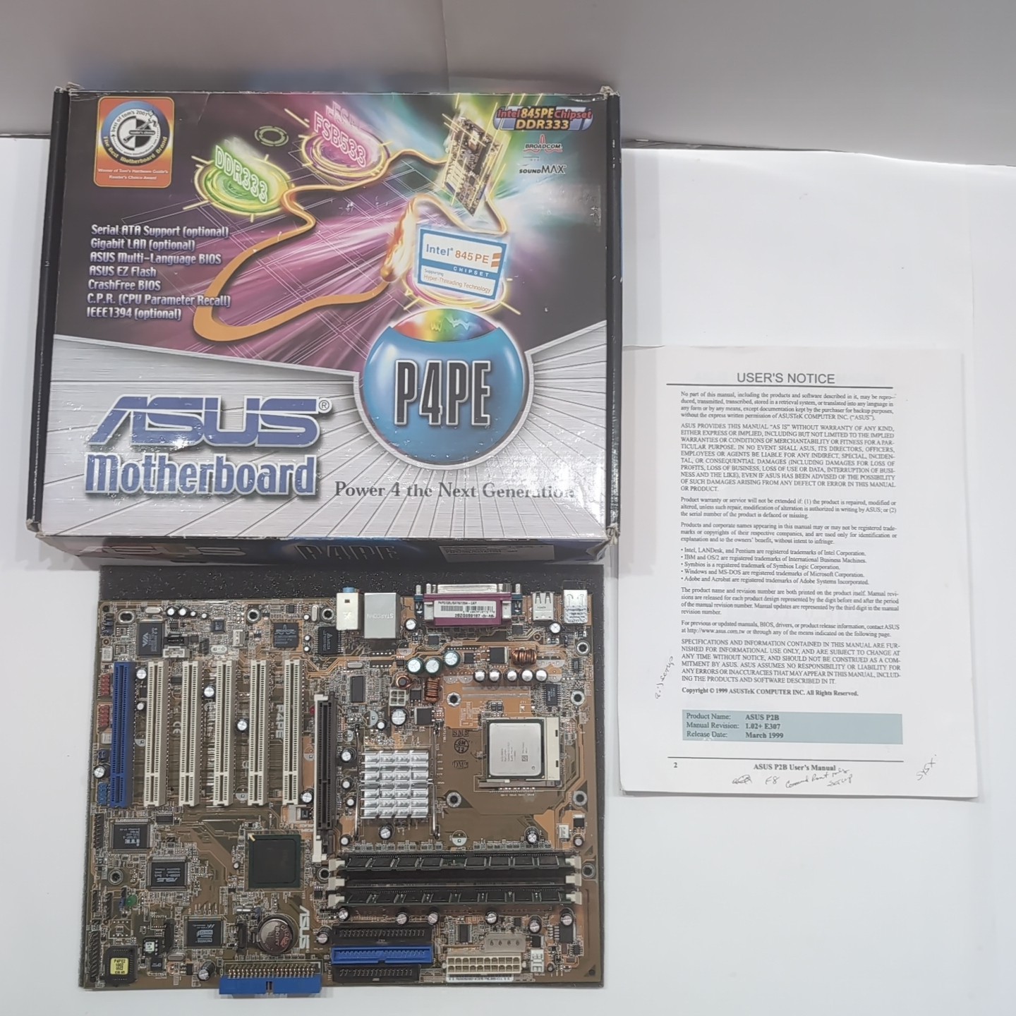 Vintage Asus P4PE Motherboard Pentium 4 3.06Ghz 2 GB Ram PCI Tested Original Box