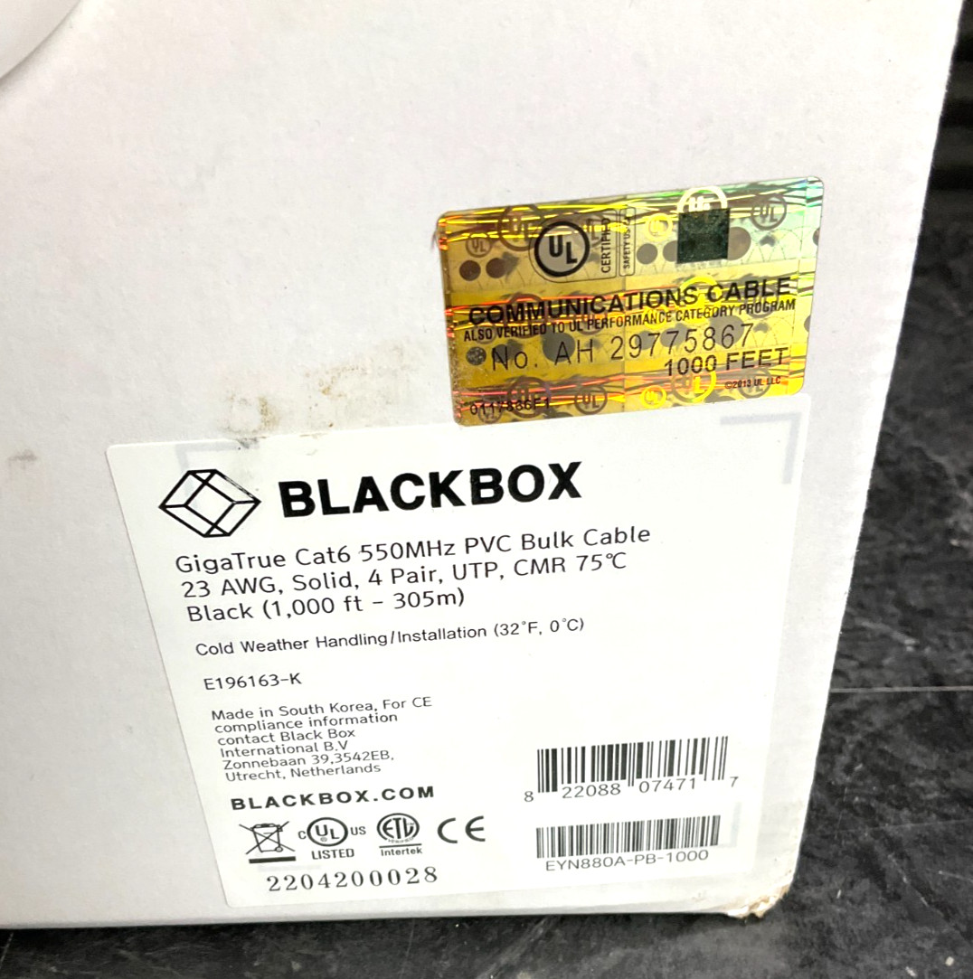 BlackBox CAT-6 Unshielded Bulk Cable – 1000 feet black EYN880A-PB-1000 🇺🇸✨🇺🇸
