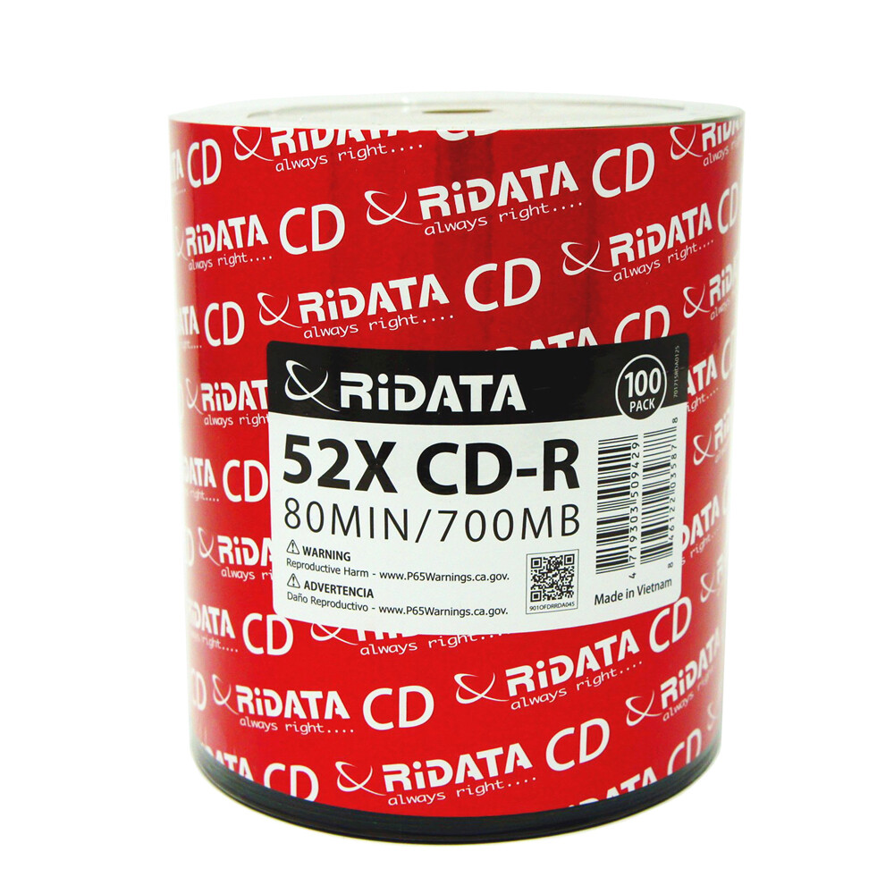 100 Ridata CD-R 52X 700MB/80Min Branded Silver Logo Blank Media Recordable Disc