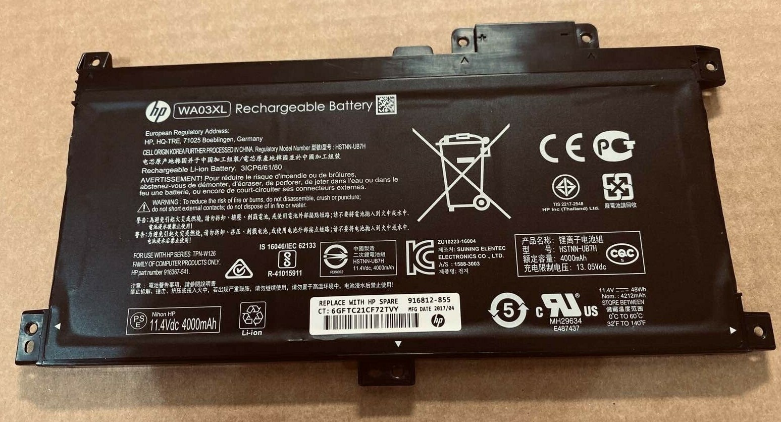 WA03XL 11.4V 48 Wh 4000 mAH Battery for HP 916812-855