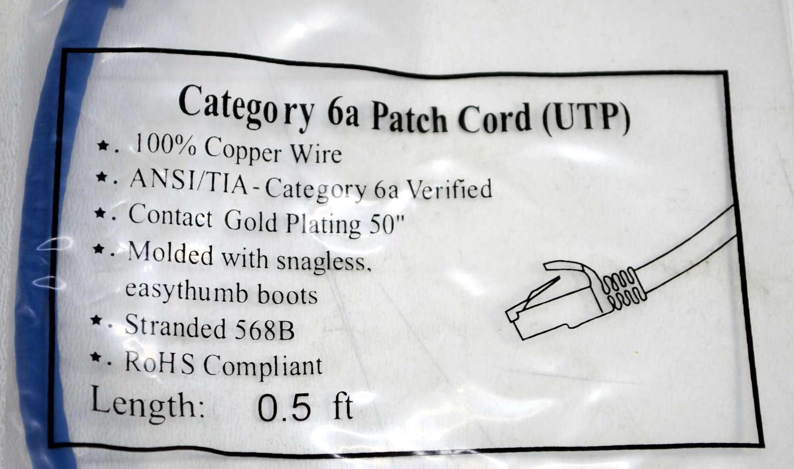 0.5 ft Cat6a Ethernet Patch Cable UTP 100% Copper Blue Snagless Short Cord