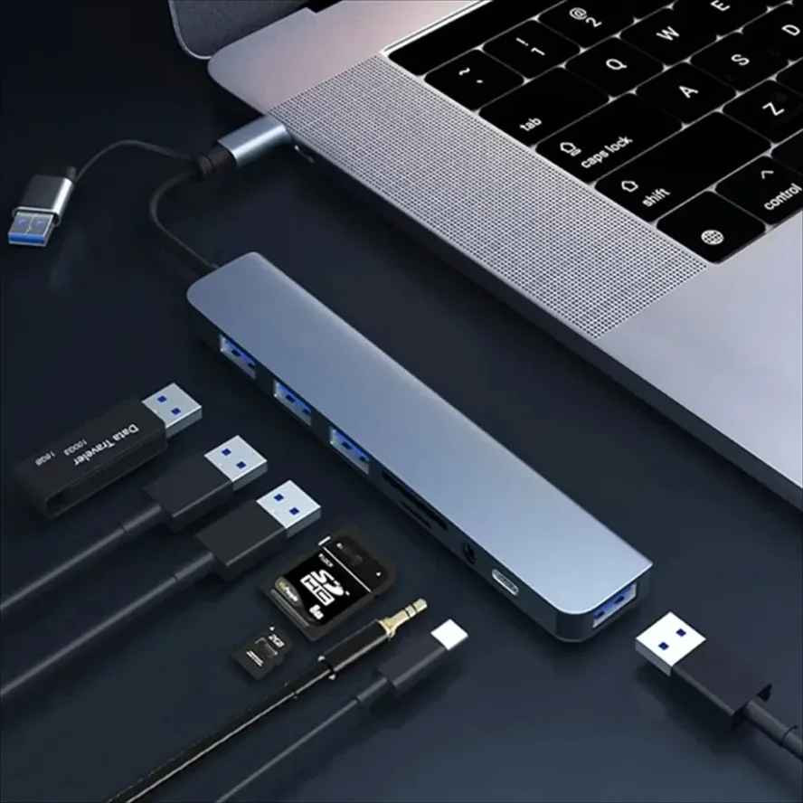 8-in-2 USB C Hub Dock SD TF Card Reader USB 3.0 Splitter Adapter for Laptop PC