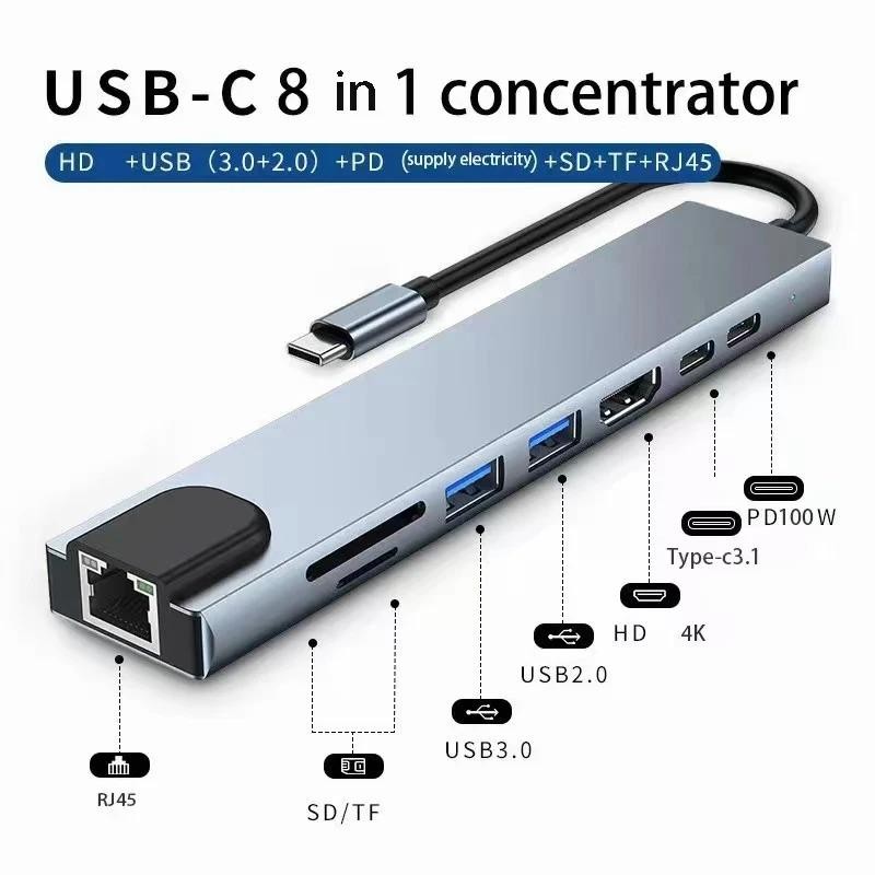 USB C Hub 8in1 7in2 7in1 Type C 3.1 to 4k Hdmi Adapter with Rj45 Sd/tf Card Read