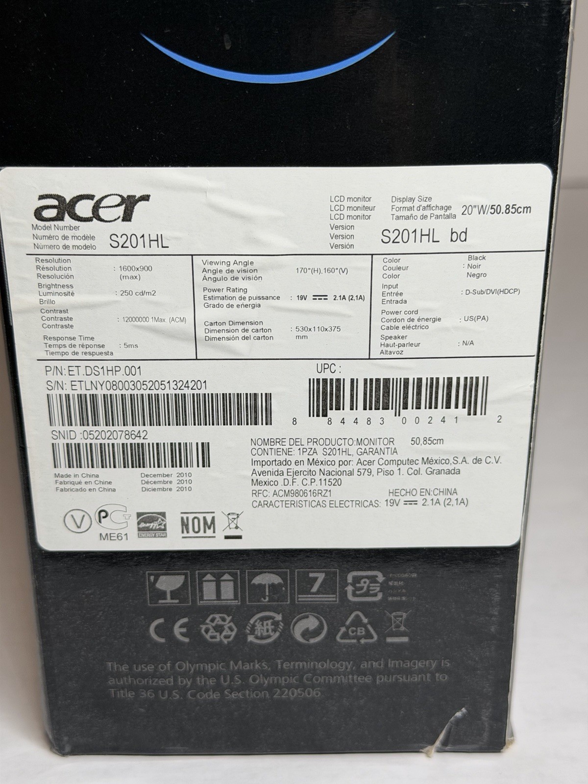 Acer S201HL 20” Ultra Thin Wide LCD Monitor LED Technology 1600×900