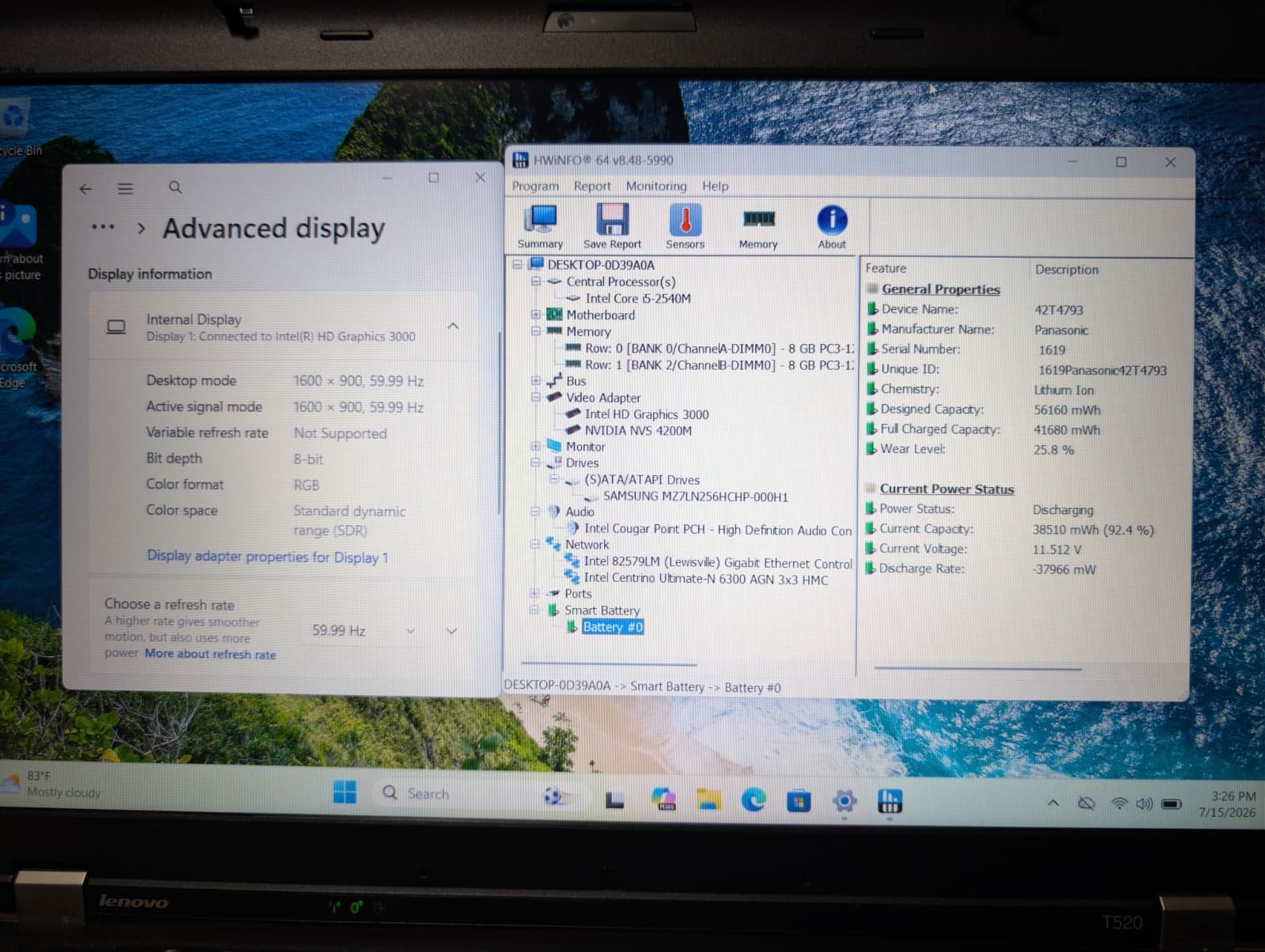 Lenovo ThinkPad T520 | i5 2nd Gen 16GB RAM 256GB SSD | HD+ Win 11 | NVIDIA NVS