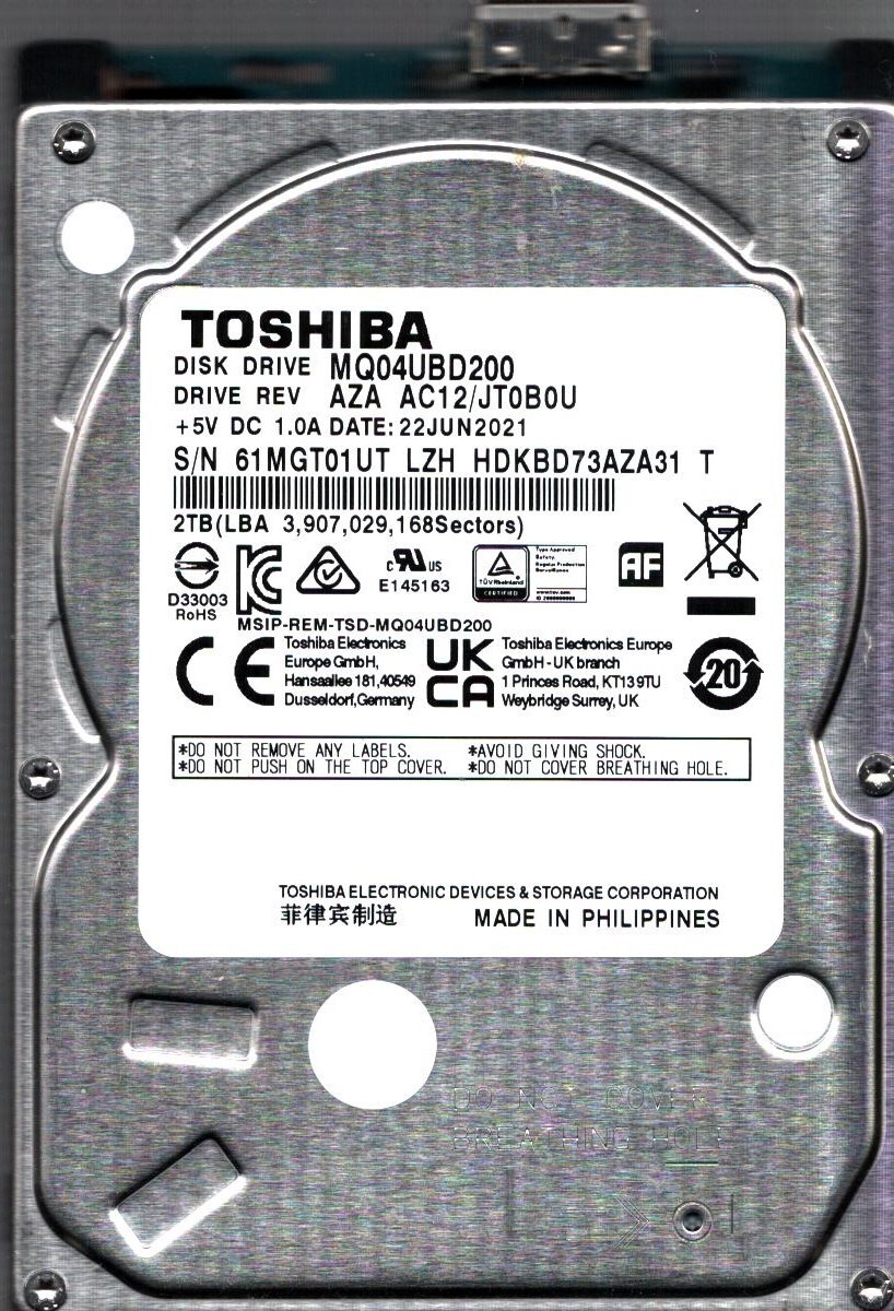 MQ04UBD200 HDKBD73AZA31 T REV: AZA AC12/JT0B0U 2TB JUN 2021 PHILIPPINES TOSHIBA