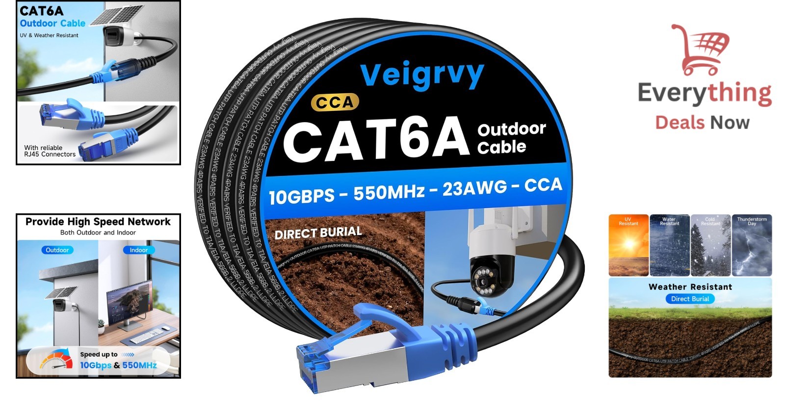 Weatherproof Cat6A Ethernet Cable 100ft – Direct Burial, 550MHz, PoE Compatible