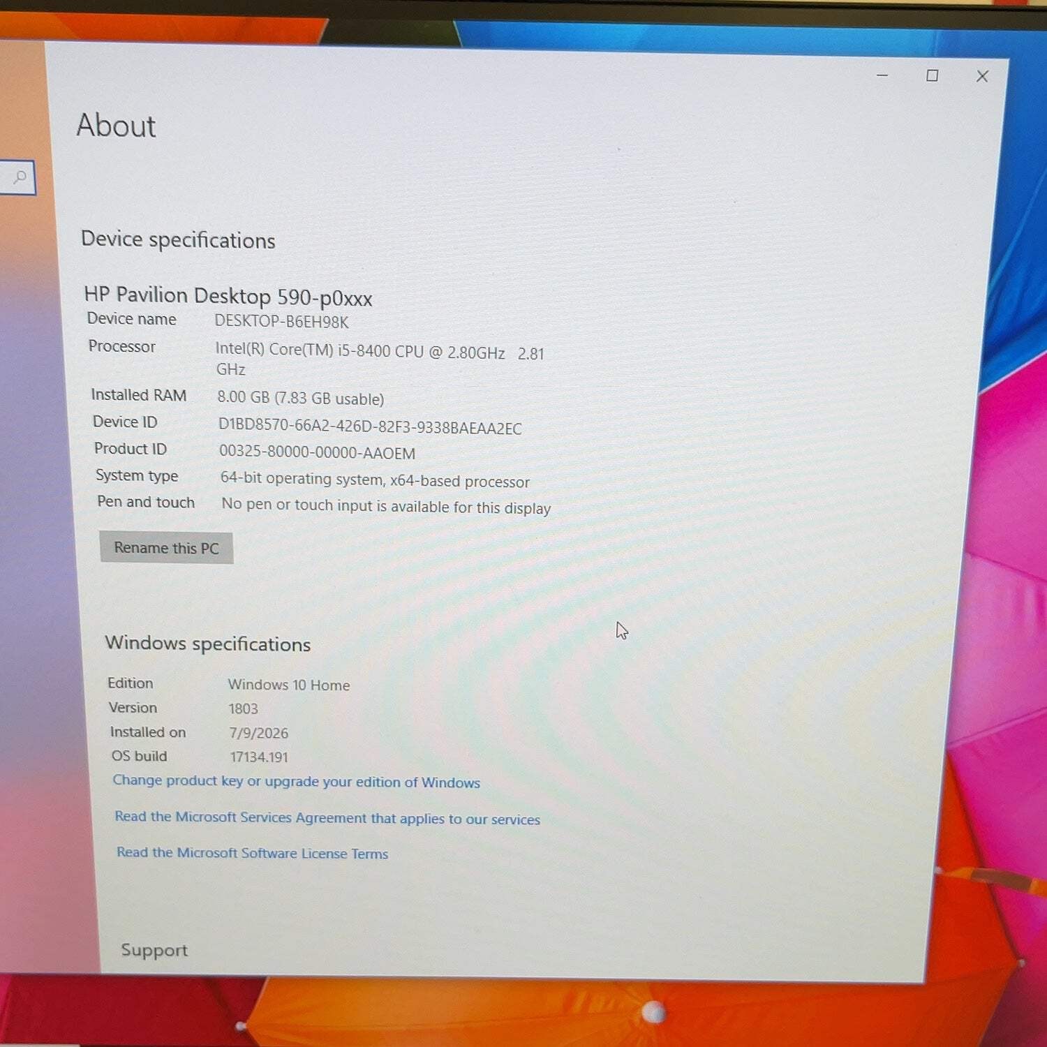 HP Pavilion Core i5-8400 2.80GHz 8GB RAM 1TB HDD 590-p0050