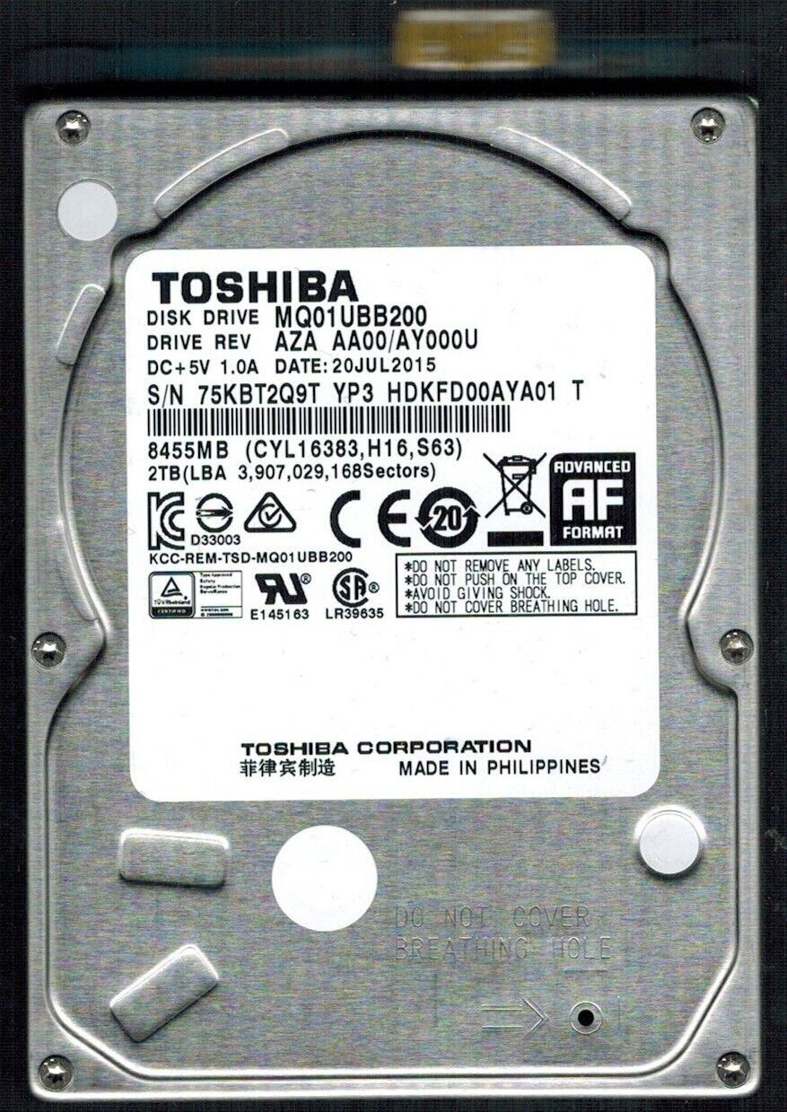 MQ01UBB200 HDKFD00AYA01 T Rev: AZA AA00/AY000U 2TB JUL 2015 PHILIPPINES TOSHIBA