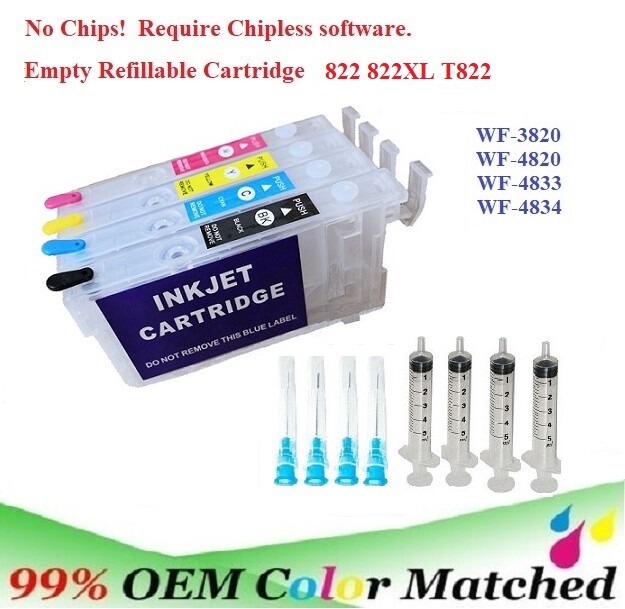 822XL 822 Alternative No Chip Refillable Ink Cartridge WF-4820 WF-4833 WF-3820