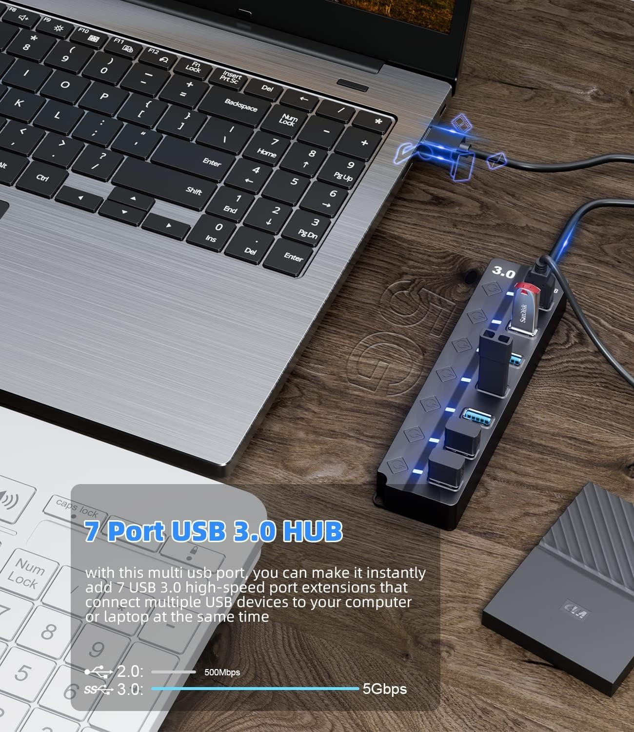 Plug and Play 7-Port USB Hub 3.0 for Fast Data Transfer and Easy Use