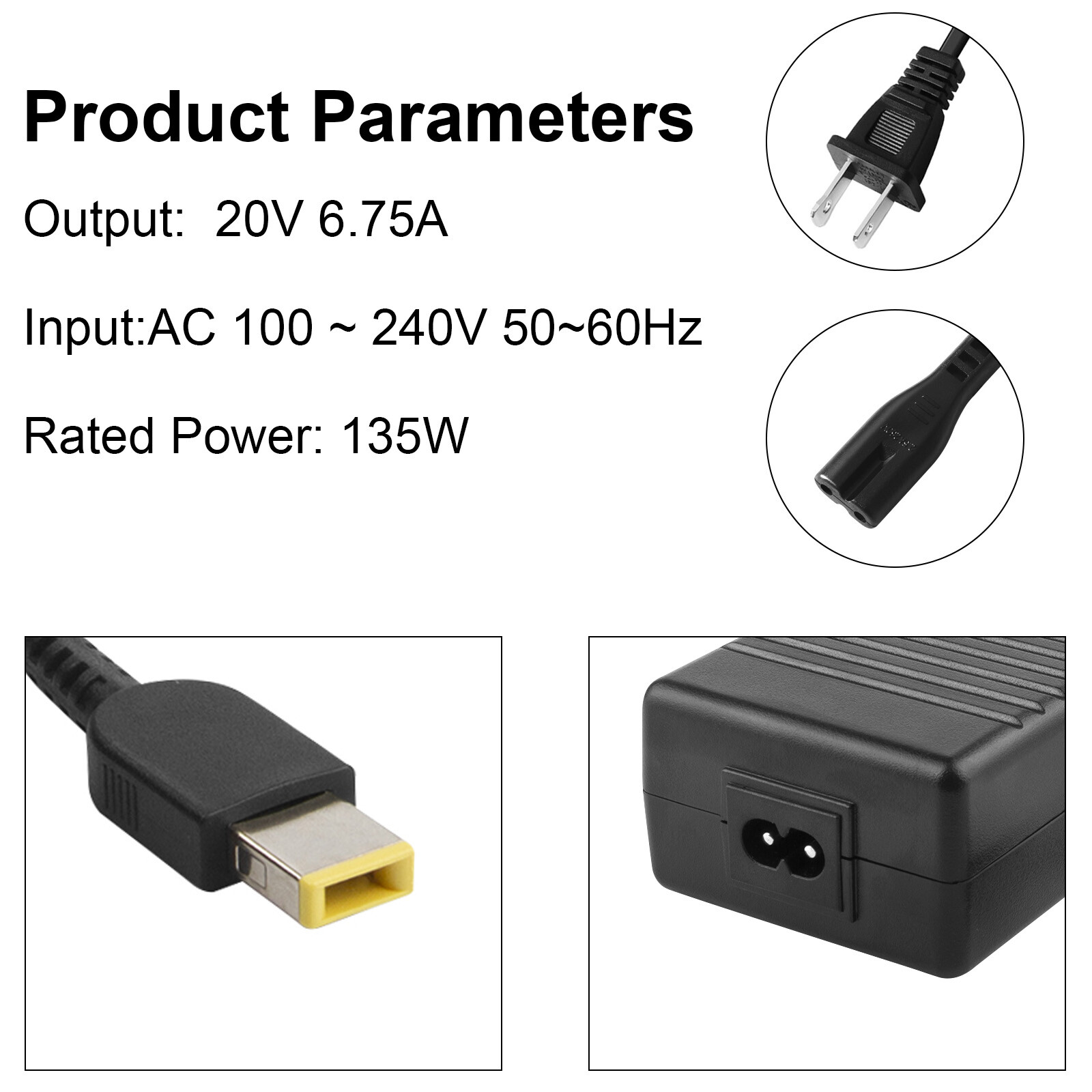 65/90/135W Charger For Lenovo Thinkpad Ideapad Yoga Laptop AC Adapter Square Tip