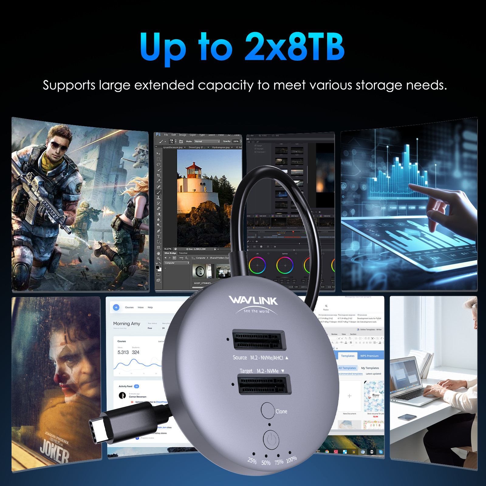 2-Bay Hard Drive Enclosure M.2 SSD Duplicator with Offline-Clone up to 2x 16TB