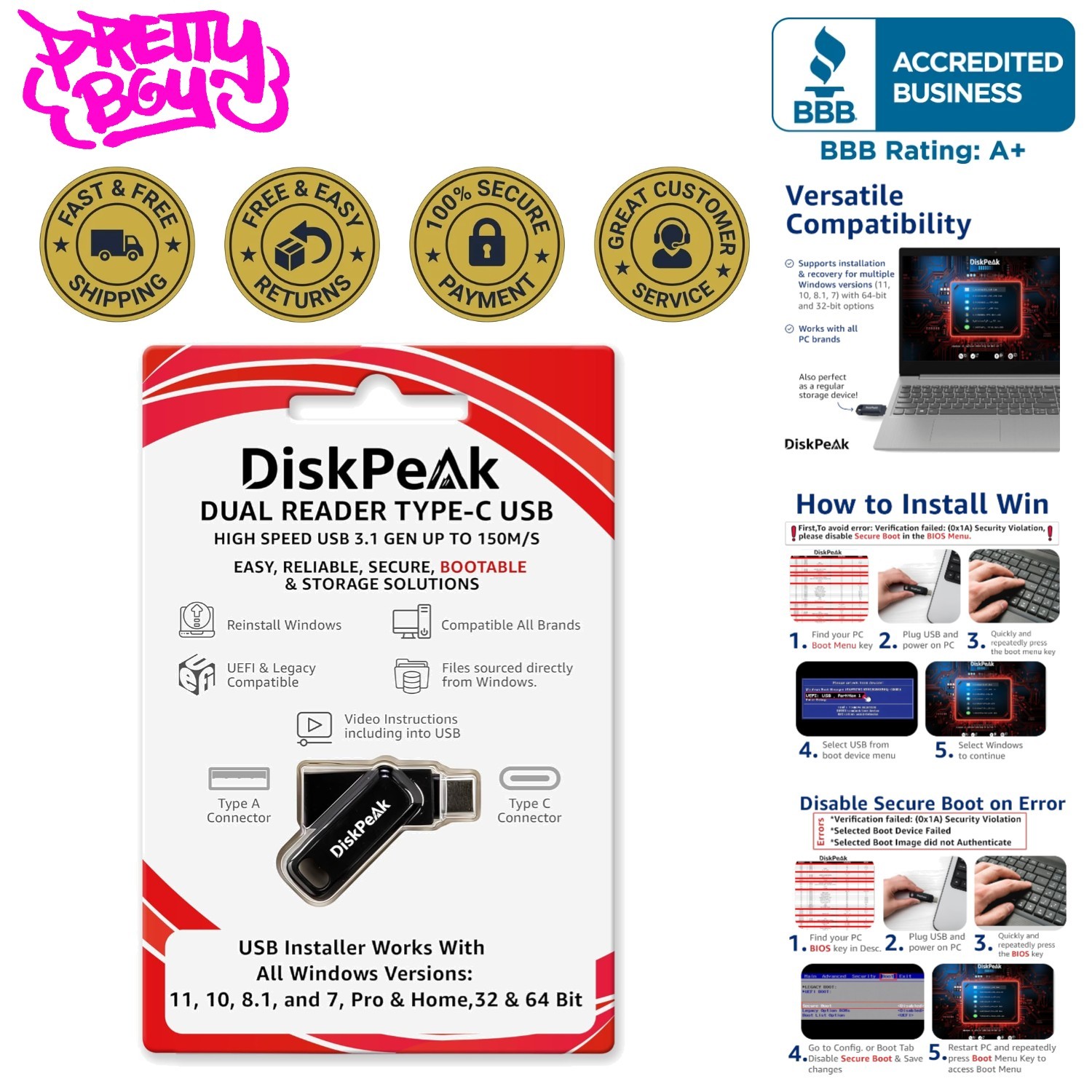 64GB Bootable USB Drive for Windows 11 & 10 – Clean Install, Upgrade, Reinstall