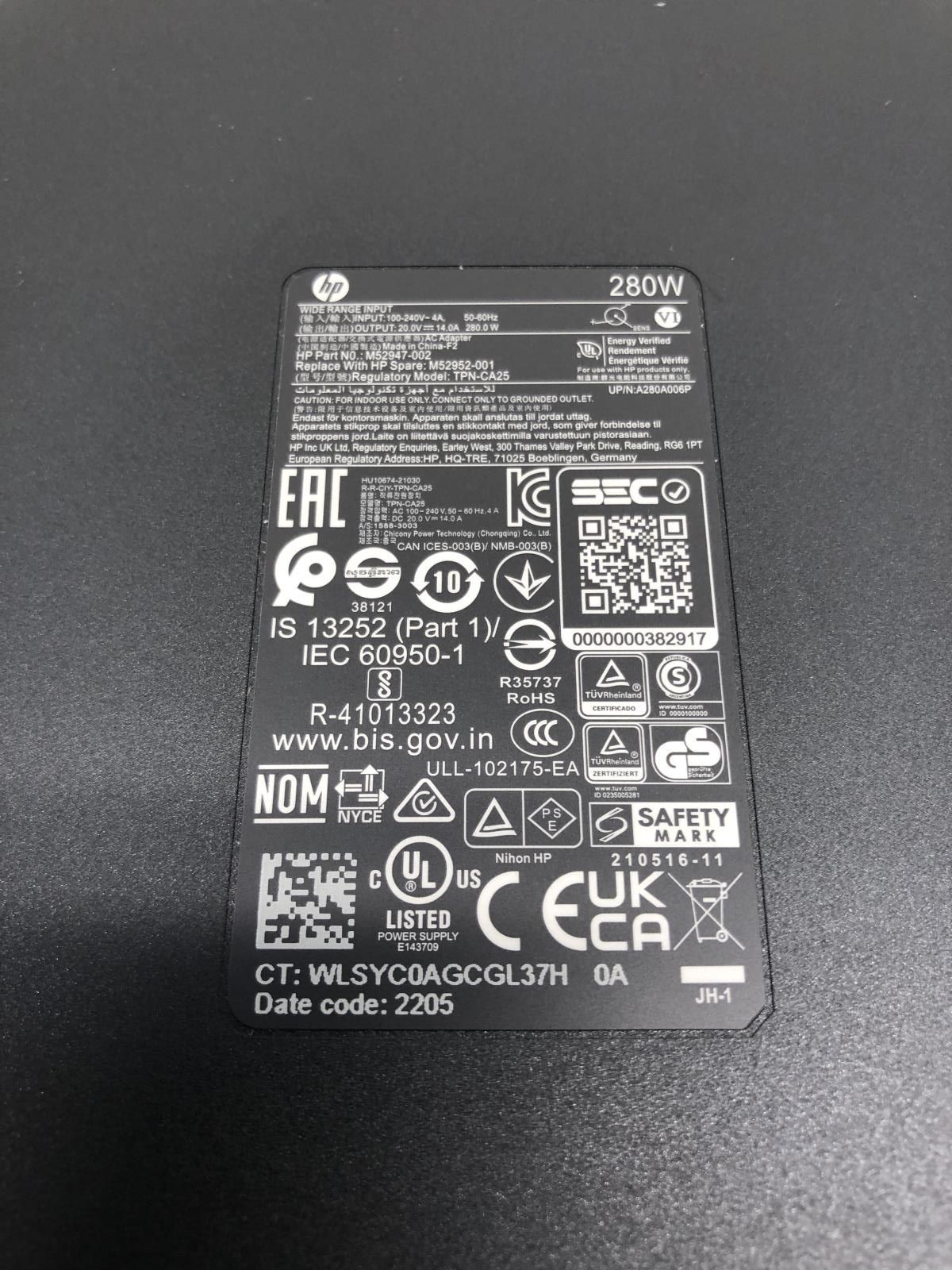 Genuine HP 280W 20.0V 14.0A TPN-CA25 AC Power Adapter / M52947-001 – VGC