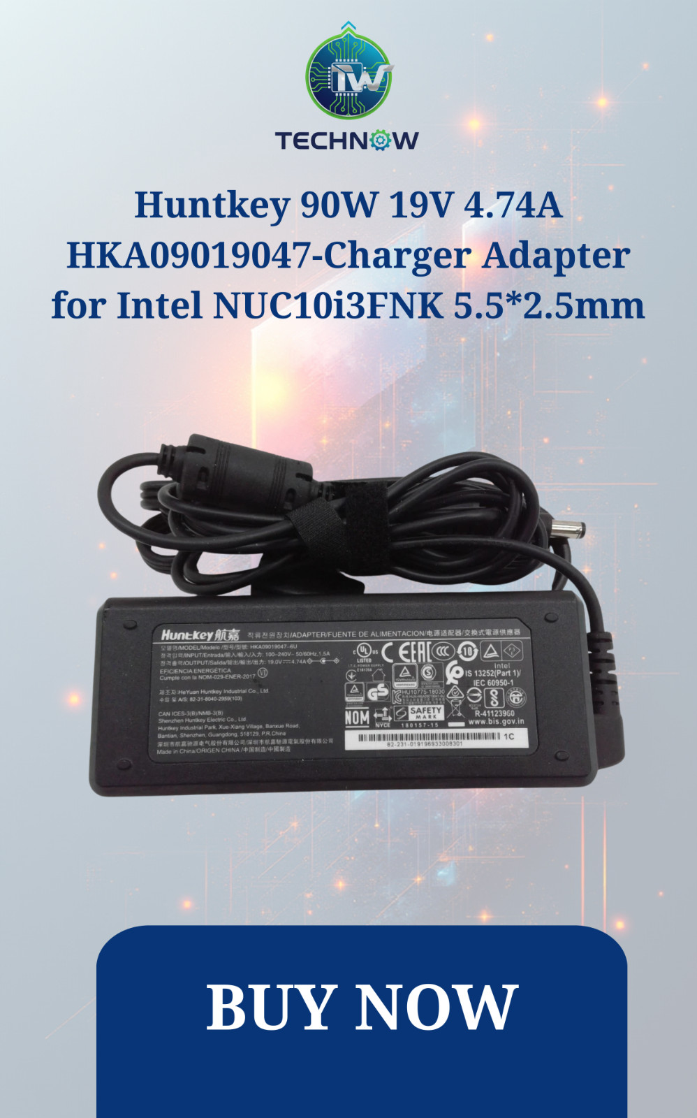 Huntkey 90W 19V 4.74A HKA09019047-Charger Adapter for Intel NUC10i3FNK 5.5*2.5mm