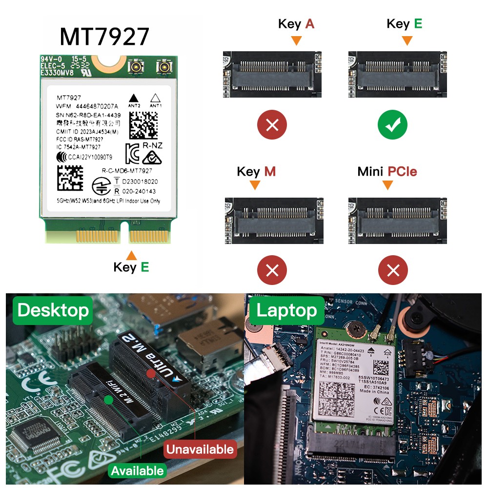 MT7927 Wi-Fi 7 Bluetooth 5.4 M.2 2230 Card 802.11be Tri-Band for PC Win11/Linux