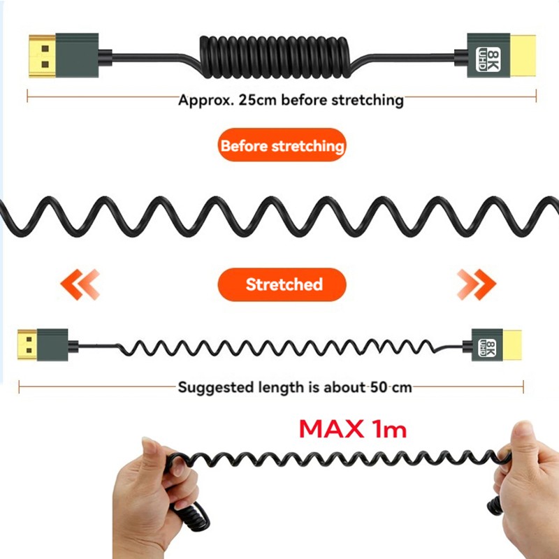 8K HDMI Stretch Coiled Cable HDMI 2.1 Type A Male to Male 90 Degree Down Angled