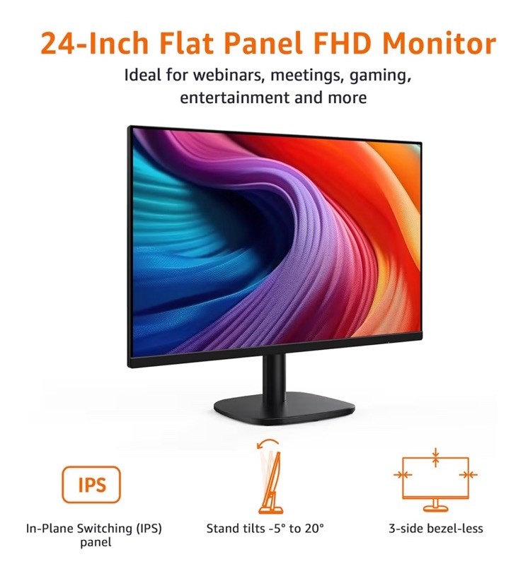 Amazon Basics 24 Inch Monitor, FHD 1080P, Max 100Hz, VESA Compatible
