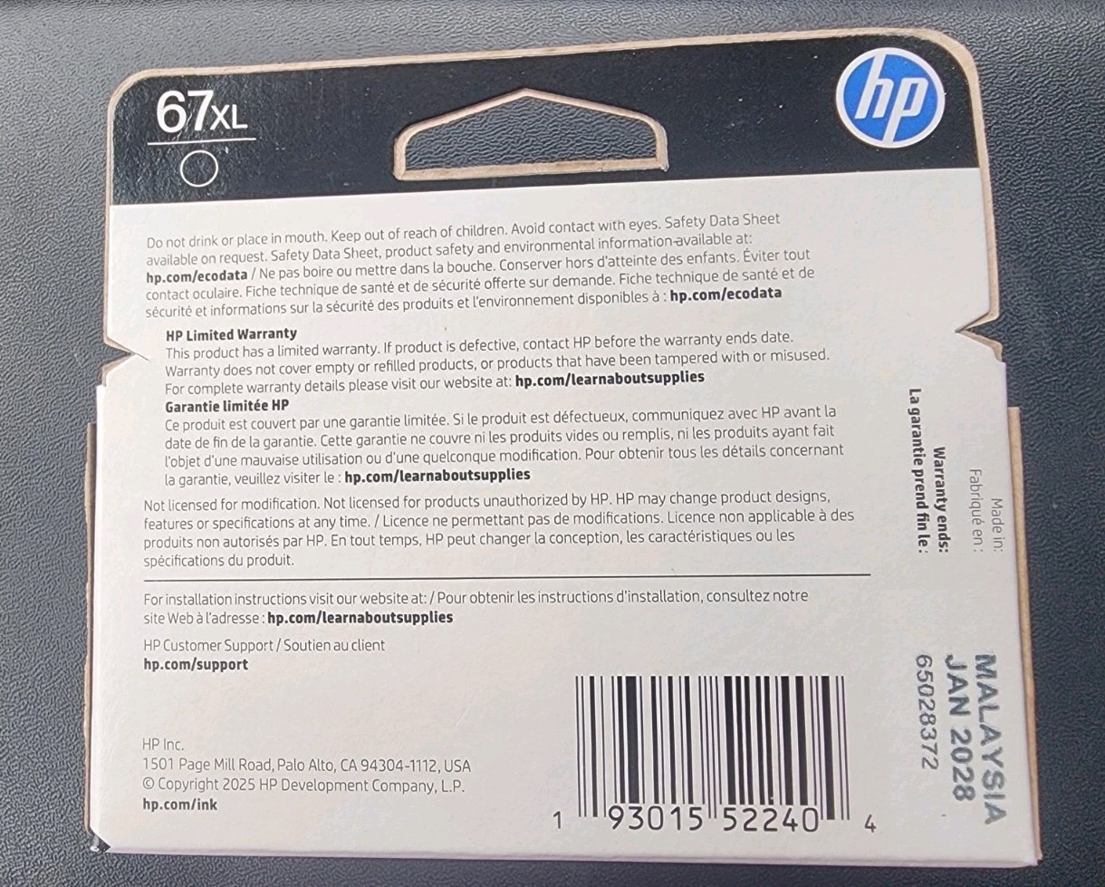 Genuine OEM HP67XL Black lnkCartridge3YM57AN HighYield-New Sealed M 2027/2028