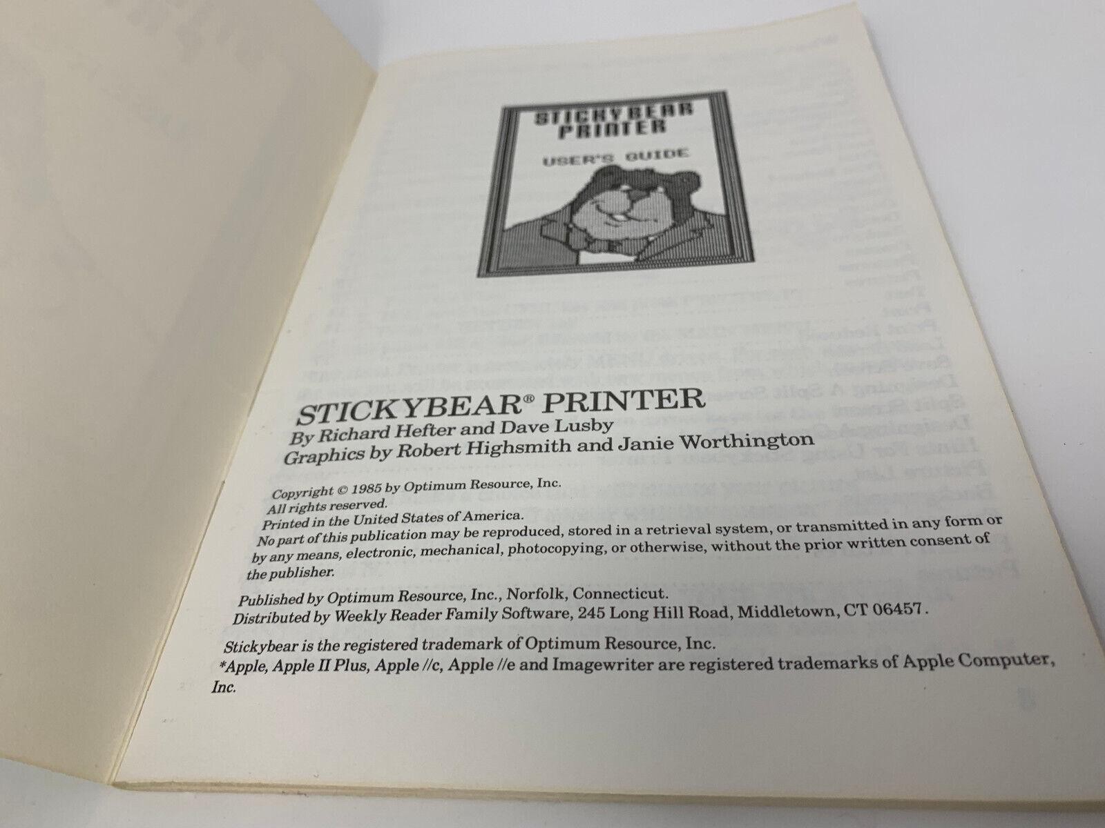 1985 Stickybear Printer User Guide Manual Book Apple II IIe IIc Vintage