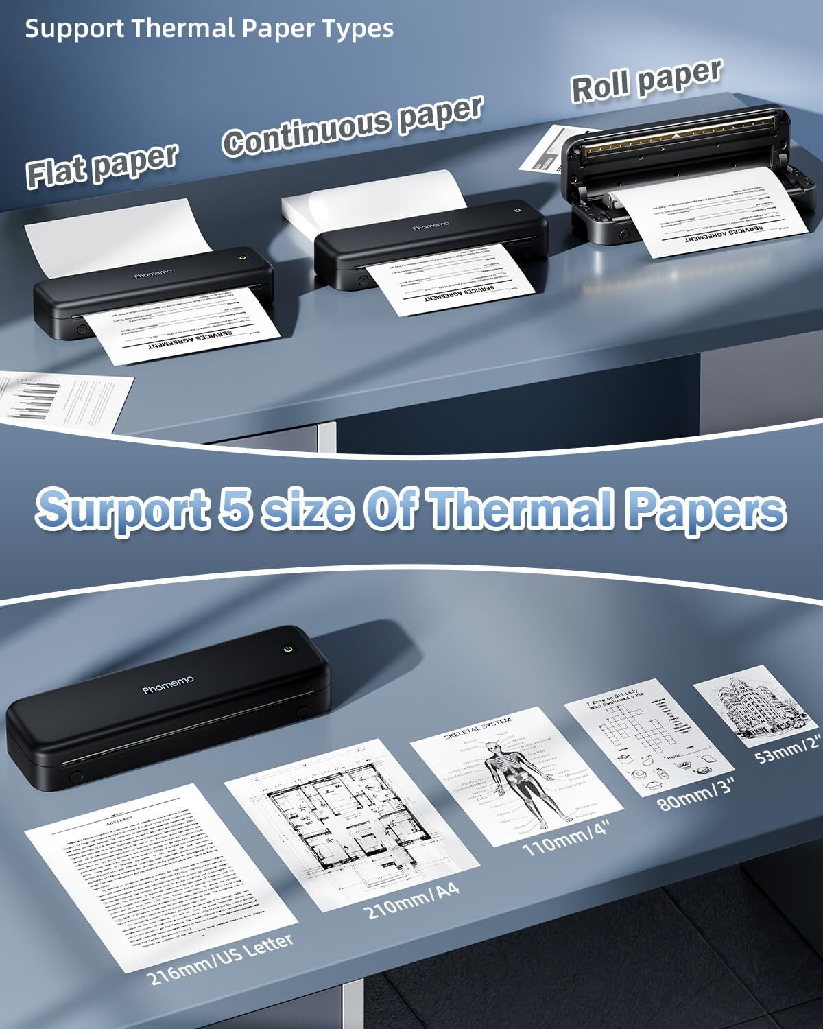 Phomemo M834 Portable Printer Wireless Thermal Printers Support US Letter A4 lot