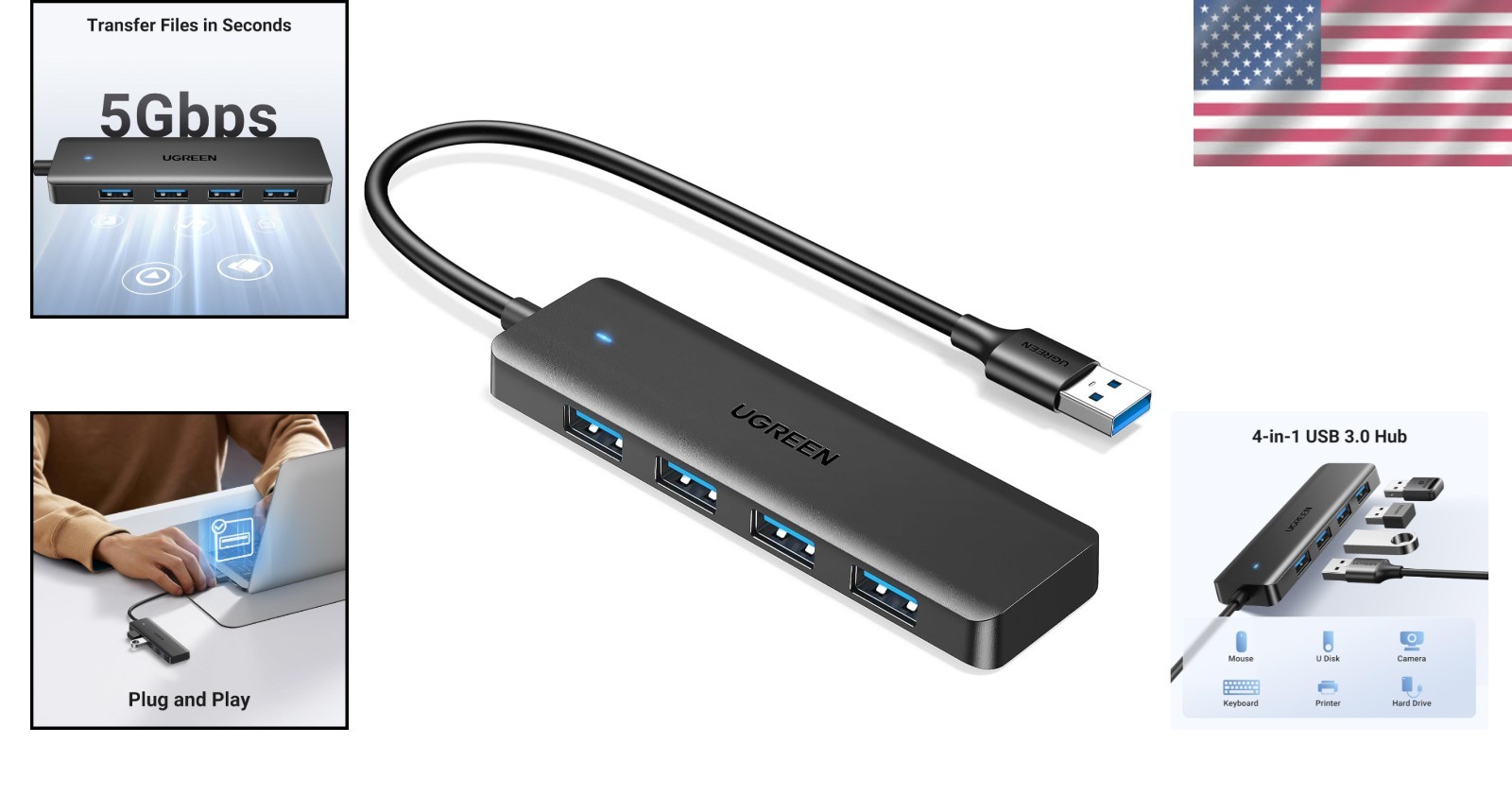 Compact 4-Port USB A Hub – Plug and Play USB 3.0 Expander for Multiple Devices