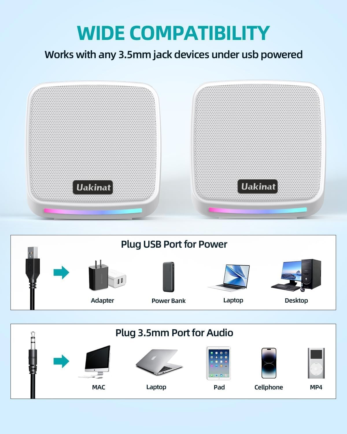 White USB Computer Speakers Desktop PC Laptop Tablet Phone 3.5mm Aux