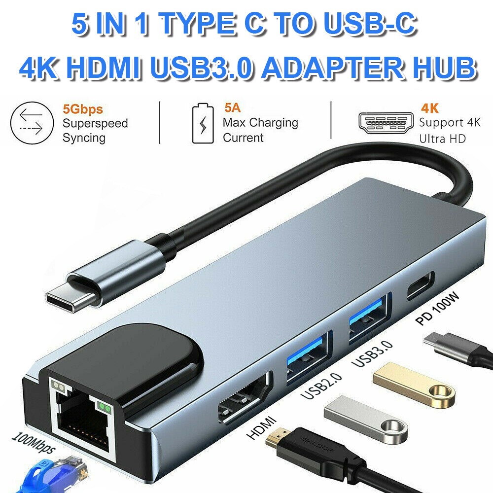 5 in 1 For Macbook 4K HDM USB C Hub to RJ45 Ethernet Type C Hub Adapter Charger