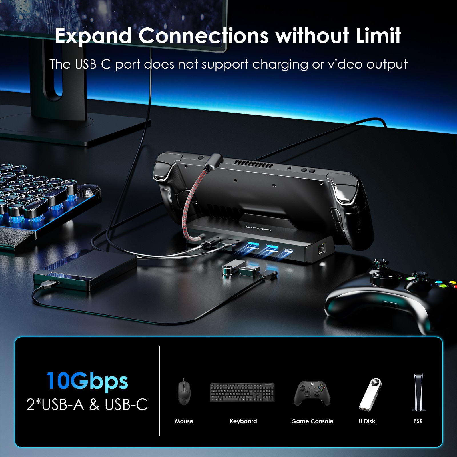 Steam Deck Dock Docking Station for Steam Deck/ROG Ally 4K@144Hz HDMI 2.1 100WPD