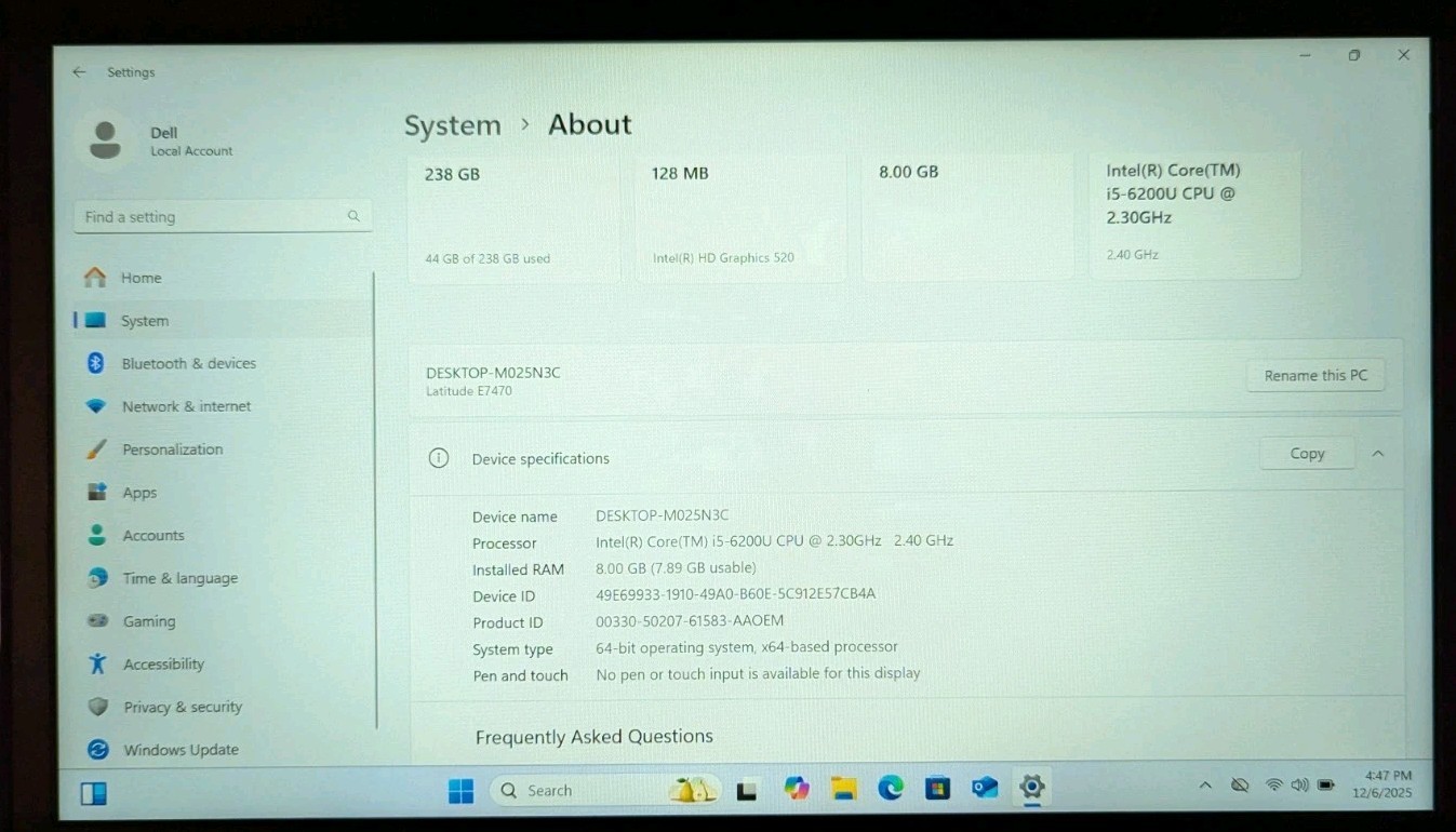 Dell Latitude E7470 14″ Laptop i5-6200U 2.30GHz 8GB RAM 256GB SSD Win 11 Pro