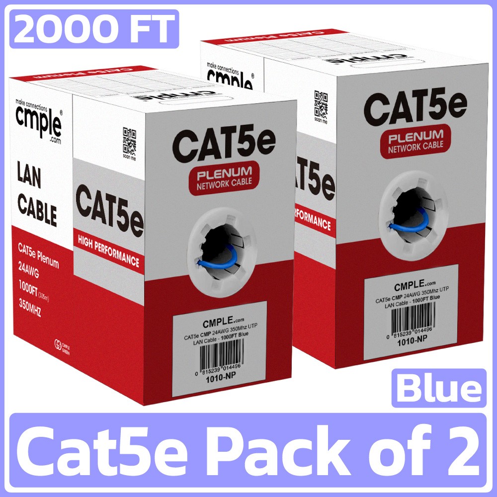 2 Pack 1000ft Cat5e Bulk Ethernet Cable CMP Plenum Solid 24AWG UTP Blue