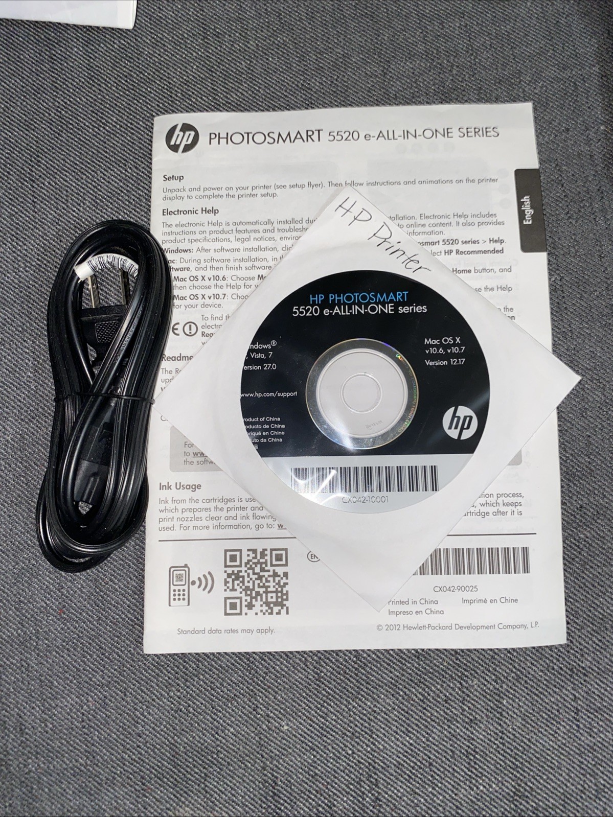 HP Photosmart 5520 Series Driver Disc CD-ROM for Windows or Mac Power Cord