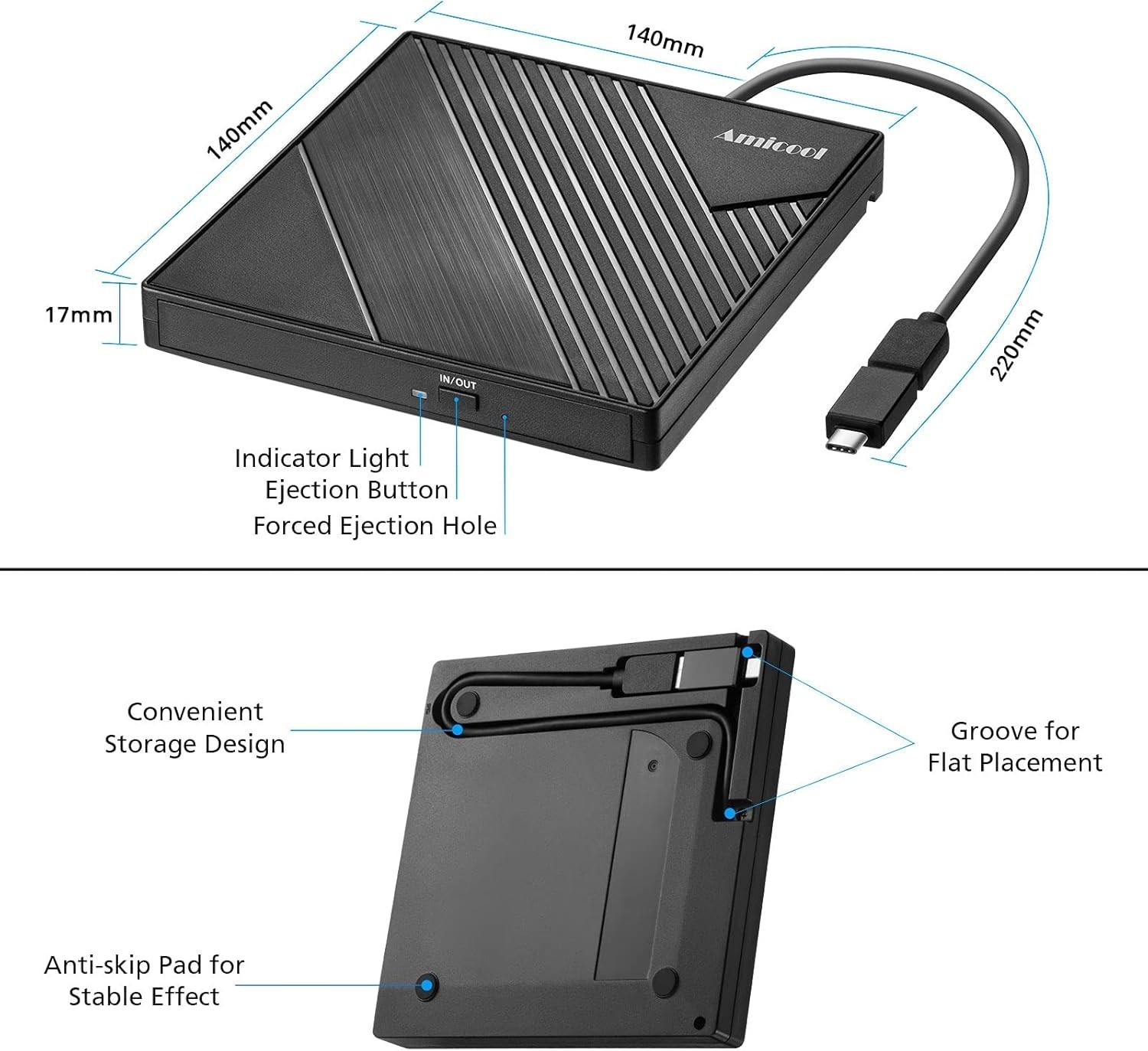 Amicool External DVD Drive USB 3.0 USB C CD Burner +/-RW Optical Drive, Slim