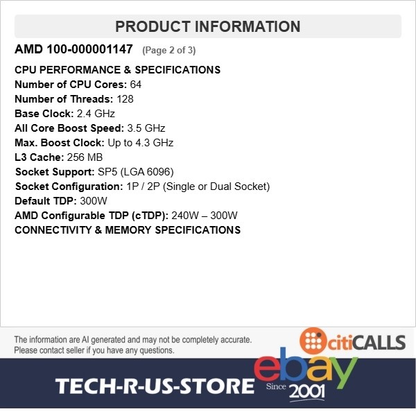 AMD 100-000001147 EPYC 9535 Server Processor 64-Core 128-Thread 2.4GHz Tray