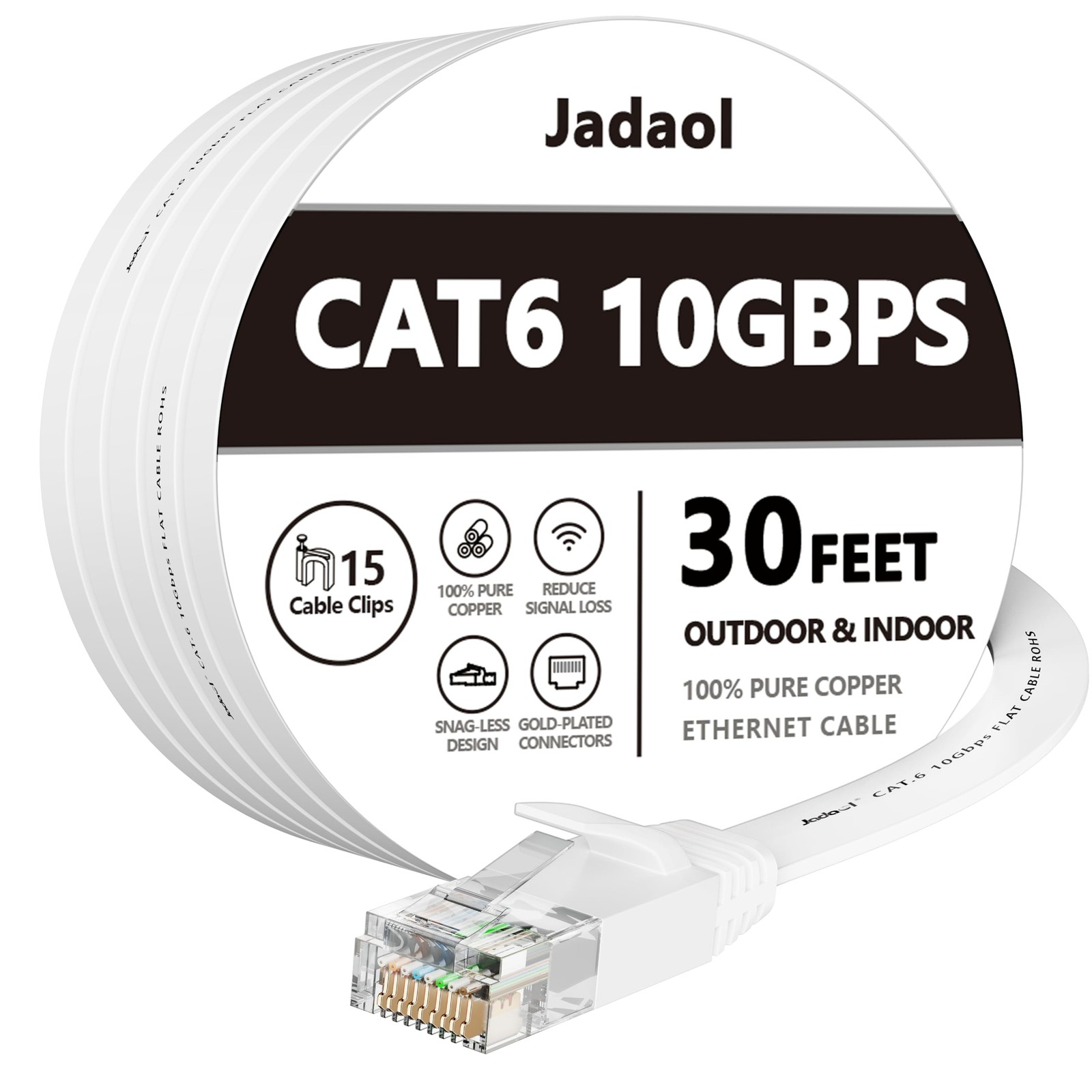 Jadaol Cat 6 Ethernet Cable 30 ft with Clips, 10Gbps 30ft, White