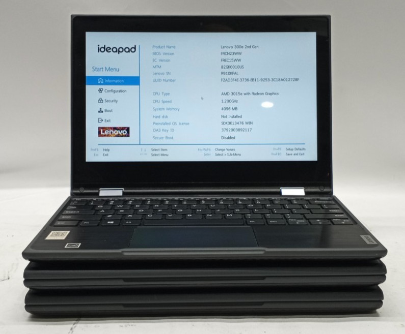 Lot of 3 Lenovo 300e 2nd Gen TOUCH AMD 3015e W/RADEON@1.20GHz 4GB NO HDD TH091!