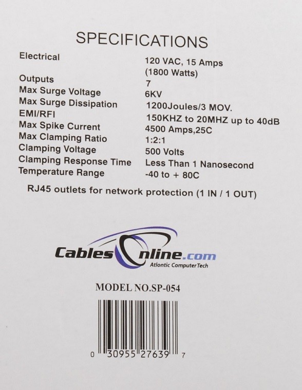 CablesOnline, 7 Outlets 1200J Surge Power Strip +RJ45 w/6-foot Right-Angle Cable