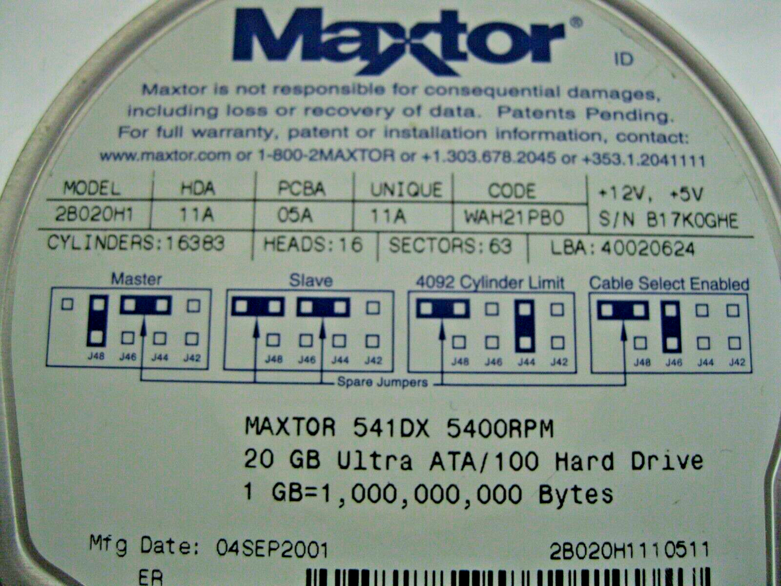 06P5312 – Maxtor 541DX 2B020H1 20.4GB OEM Replacement IDE Drive 10J1696