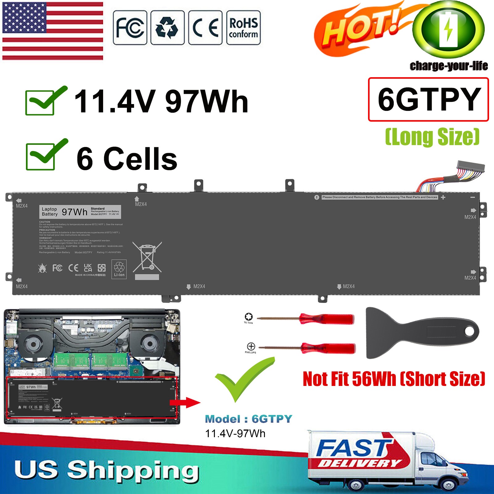 ✅97Wh 6GTPY Battery For Dell Precision 5520 5530 XPS 15 9560 9570 -Long Size NEW